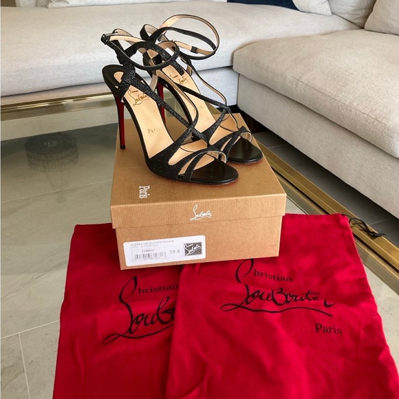 Authentic Christian Louboutin Audrey Strappy Black Glitter Sandal, size 39.5 - Picture 7 of 9